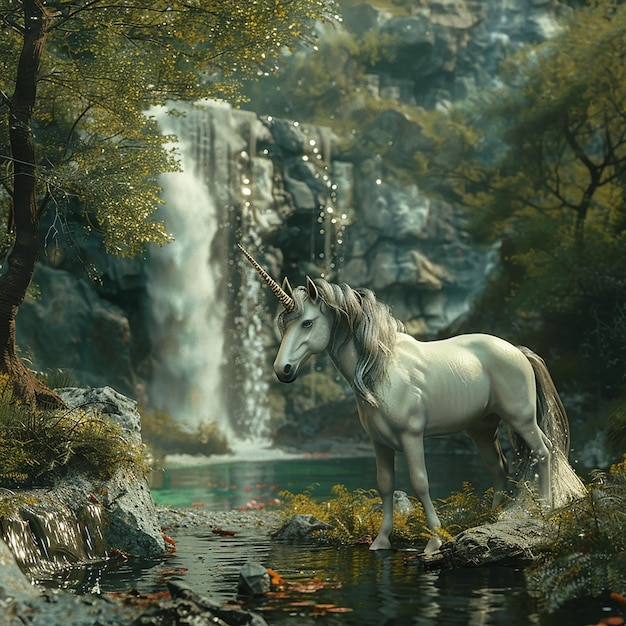 a cream unicorn with black wild hair stands next to a beautiful waterfall in a green and lush fanta