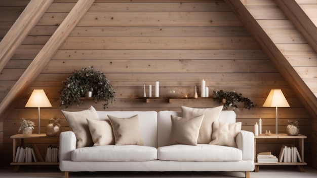 Creamcolored sofa with several pillows near a woodpaneled wall with shelves Scandinavian interior design of a modernstyle living room in the loft