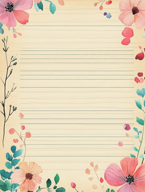 Photo creamcolored stationery page design with watercolor flowers and plants around the edges