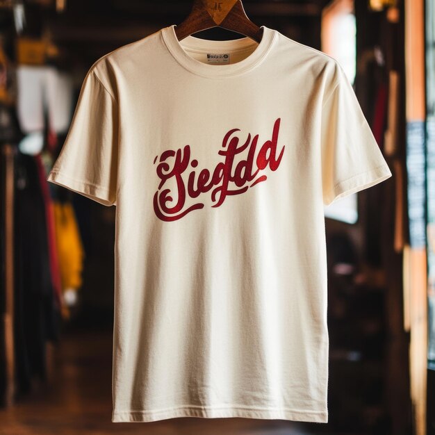 A creamcolored tshirt with stylized red lettering