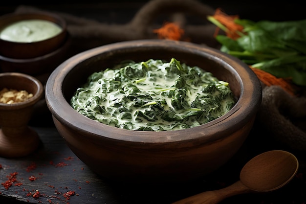 Creamed spinach vegan recipe food photography