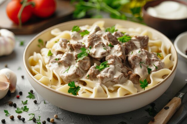 Creamy beef stew with egg noodles