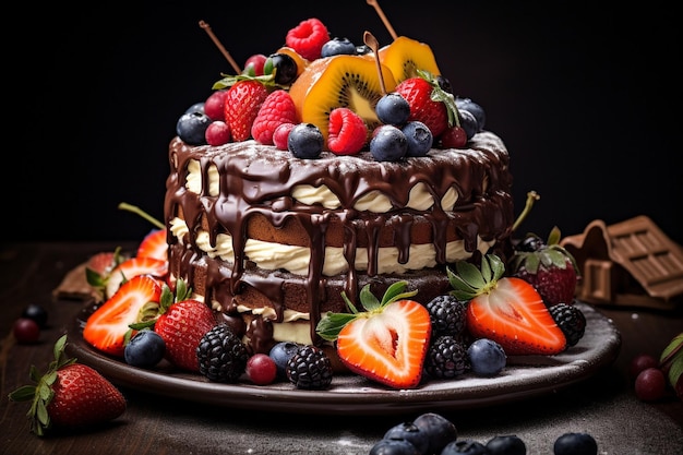 Creamy cake topped with chocolate and multiple fruits