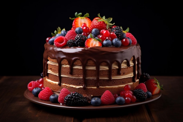 Creamy cake topped with chocolate and multiple fruits