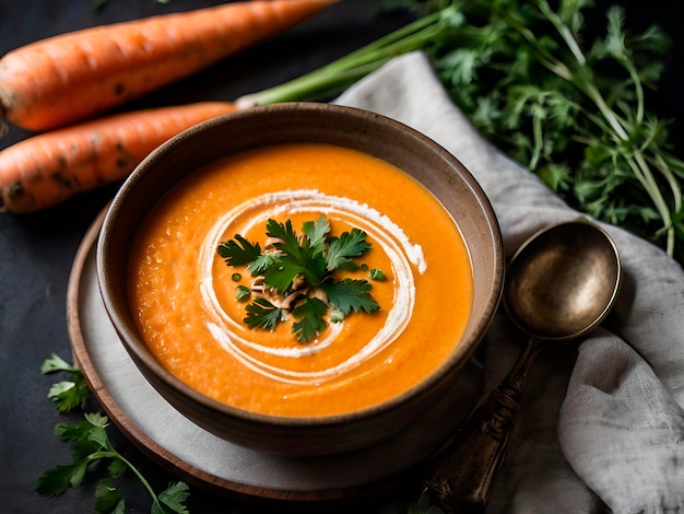 CREAMY CARROT SOUP is made with fresh carrots ginger and a touch of coconut milk