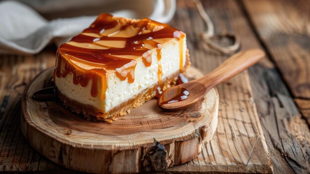 Photo creamy cheesecake slice with caramel topping on wooden board