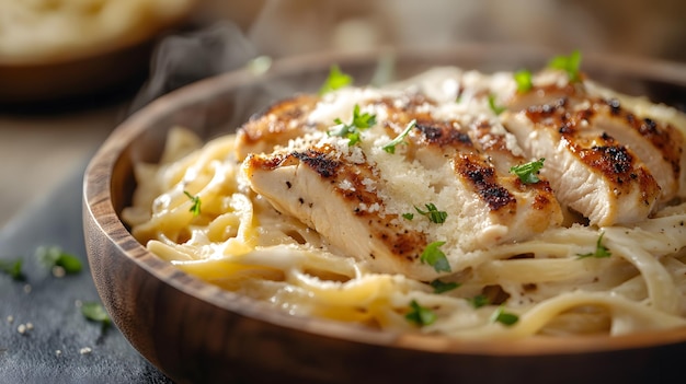 Photo creamy chicken alfredo pasta fettuccine noodles grilled chicken slices melted parmesan cheese black