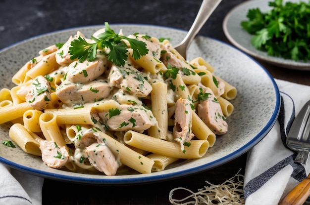 Photo creamy chicken alfredo pasta with fresh parsley