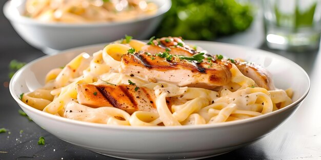 Creamy chicken Alfredo pasta with tender grilled chicken al dente fettuccine Parmesan cream Concept Creamy Alfredo Chicken Grilled Chicken Fettuccine Parmesan Cream