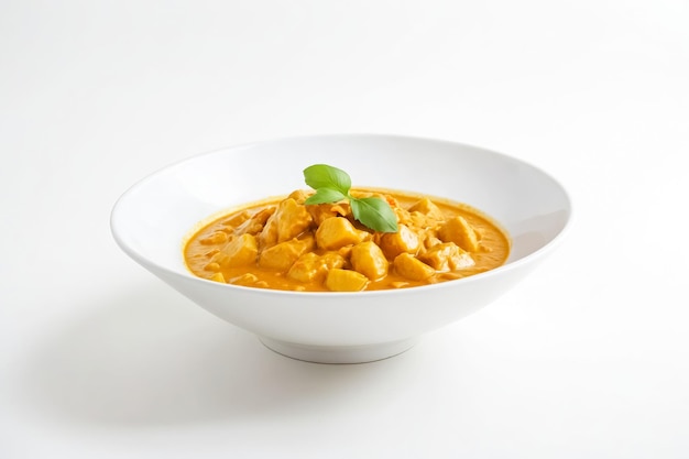 Photo creamy chicken curry in a white bowl with green basil leaf garnish