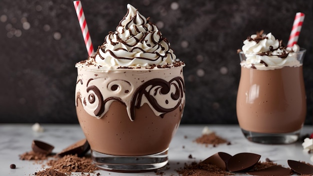 A creamy chocolate milkshake with a swirl of whipped cream and a sprinkle of chocolate shavings