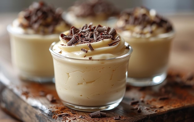 Creamy ChocolateTopped Dessert in Glass Cups on Wooden Board