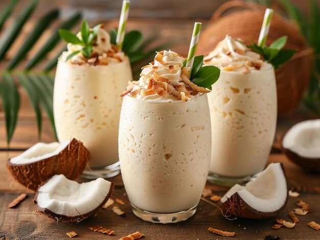 Photo creamy coconut smoothies with whipped cream and toasted coconut flakes