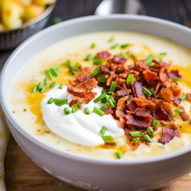 Photo a creamy and comforting potato soup with bits of crispy bacon and a dollop of sour cream on top