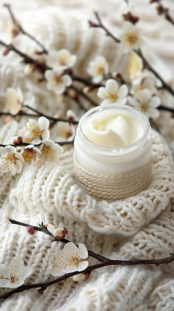 Creamy face cream in jar with blooming branches on knitted background