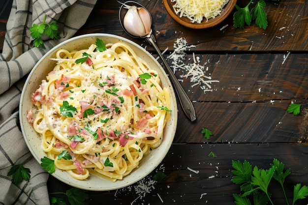 Creamy Fettuccine Alfredo with Bacon on Rustic Wooden Table Italian Cuisine Food Photography