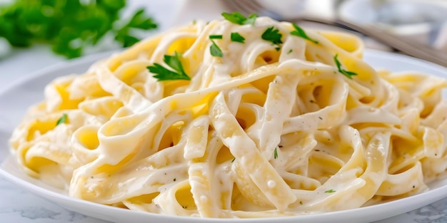 Creamy Fettucini Alfredo with Parsley on White Plate Isolated Background Concept Food Photography Pasta Dish Italian Cuisine Simple Plating Minimalistic Style