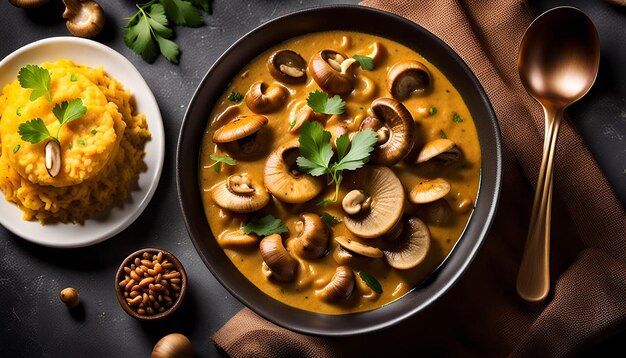 Photo creamy and flavorful mushroom curry served with rice