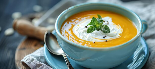 Creamy Homemade Pumpkin Soup Garnished with Fresh Mint and Black Pepper in a Rustic Setting