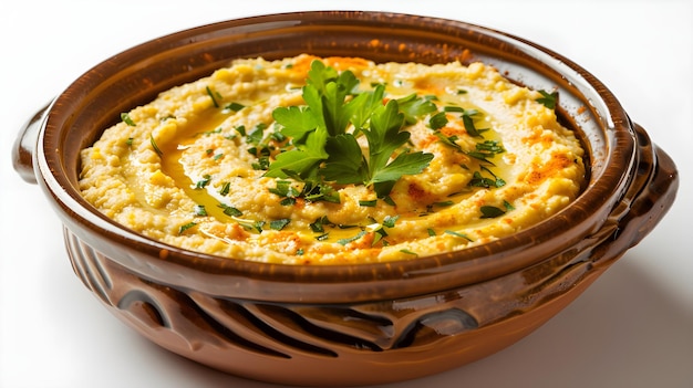 Creamy Hummus in a Elegant Ceramic Bowl on a White Background