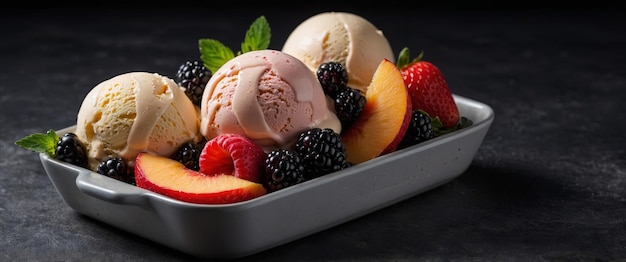 Photo creamy ice cream servings surrounded by strawberries blackberries and peach slices presented on dark backdrop with copy space top view