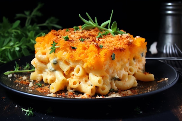 A creamy mac and cheese with a layer of roasted butternut squash