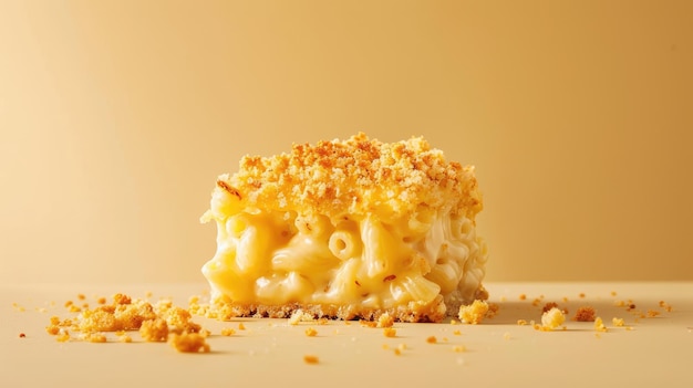 Creamy macaroni and cheese topped with breadcrumbs on yellow background