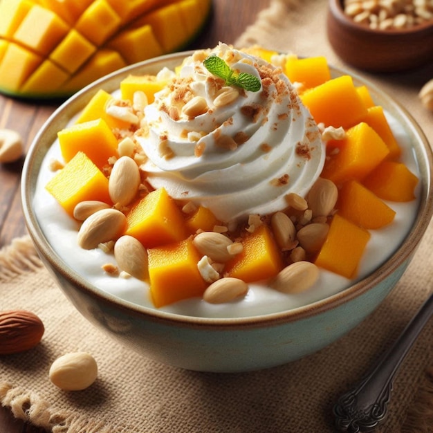 Creamy Mango Yogurt Parfait with Almonds and Whipped Cream