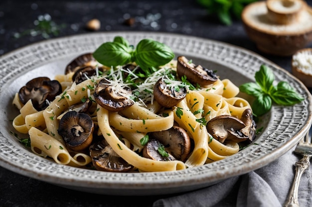 Photo creamy mushroom pasta with garlic parmesan and fresh herbs