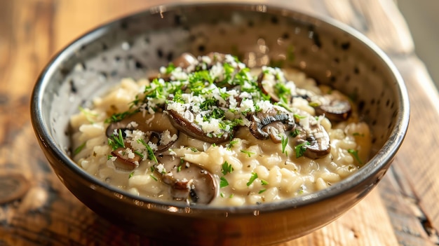 Photo creamy mushroom risotto with fresh herbs in a rustic bowl