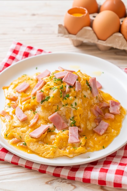 Creamy Omelet with Ham on Rice or Rice with Ham and Soft Omelet