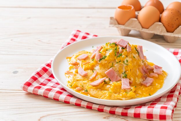 Creamy Omelet with Ham on Rice or Rice with Ham and Soft Omelet