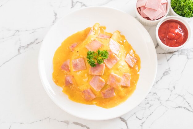 Creamy Omelet with Ham on Rice 