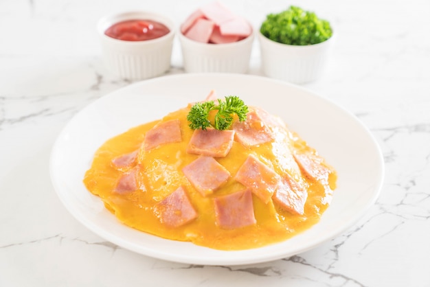 Creamy Omelet with Ham on Rice 