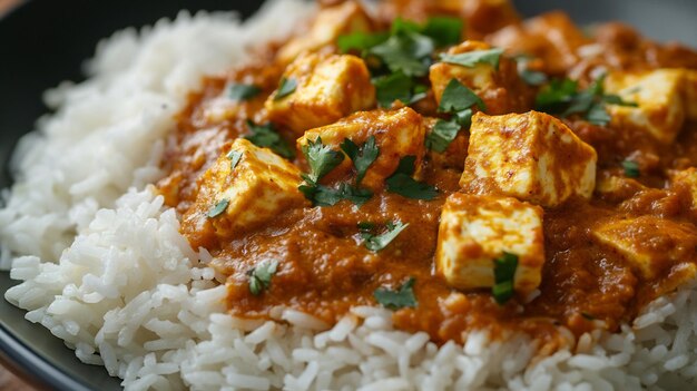 Creamy Paneer Butter Masala Served Over Fluffy Basmati Rice