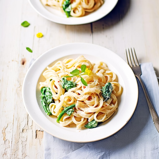 Creamy pasta with spinach and cream cheese on white rustic country wooden table homemade easy meal recipe for lunch or dinner generative ai