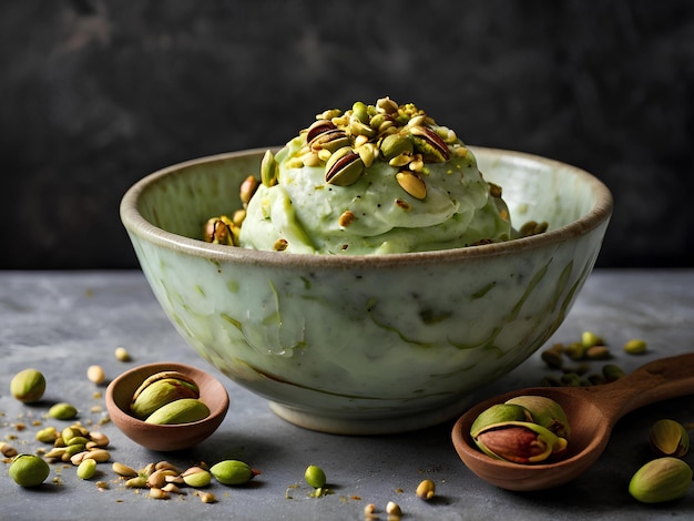 Photo creamy pistachio gelato swirled into a bowl garnished with chopped pistachios