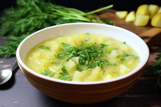 Photo creamy potato leek soup in a white bowl