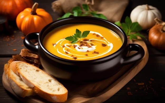 Creamy pumpkin soup garnished with herbs