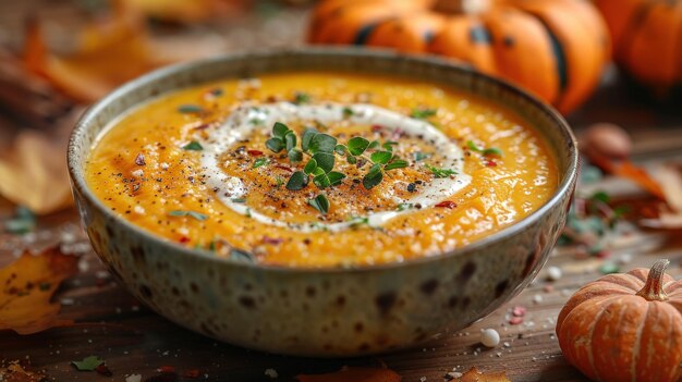 Photo creamy pumpkin soup with fall accents