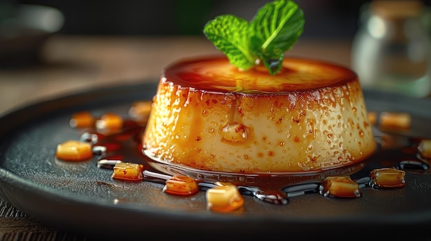 Photo a creamy and rich caramel flan served with a caramel sauce drizzle and a garnish of mint leaves