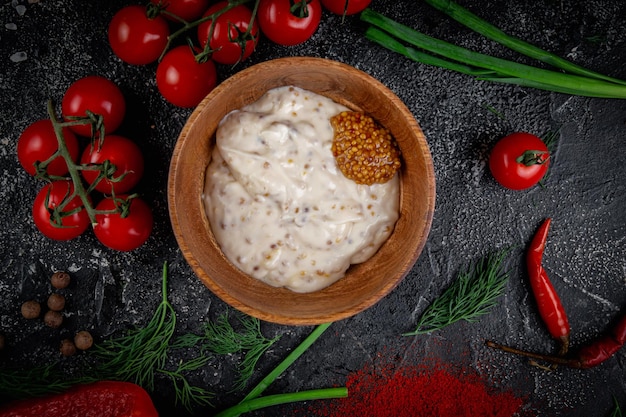 Creamy sauce in a wooden bowl on a stone table with spices green onions and cherry tomatoes Fast food restaurant delivery service