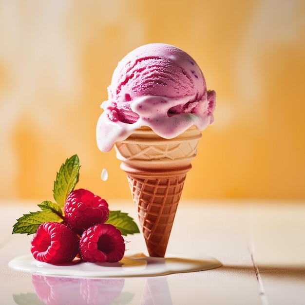 A creamy scoop of vibrant pink fresh raspberry style