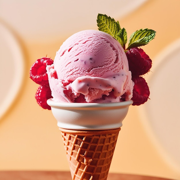 A creamy scoop of vibrant pink fresh raspberry style