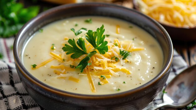 Photo creamy soup topped with freshly grated cheese