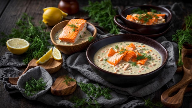 Creamy soup with pieces of salmon lemon dill on an old background