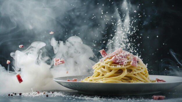 Photo the creamy spaghetti carbonara sits elegantly on a plate enhanced by a shower of parmesan and pieces of pancetta evoking comfort and culinary delight