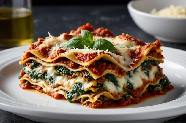 Creamy spinach and ricotta lasagna with mozzarella and Parmesan