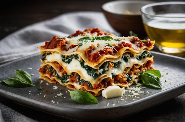 Creamy spinach and ricotta lasagna with mozzarella and Parmesan