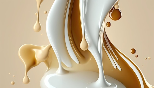 Creamy and thick liquid light brown and white splashing on color background Generative AI